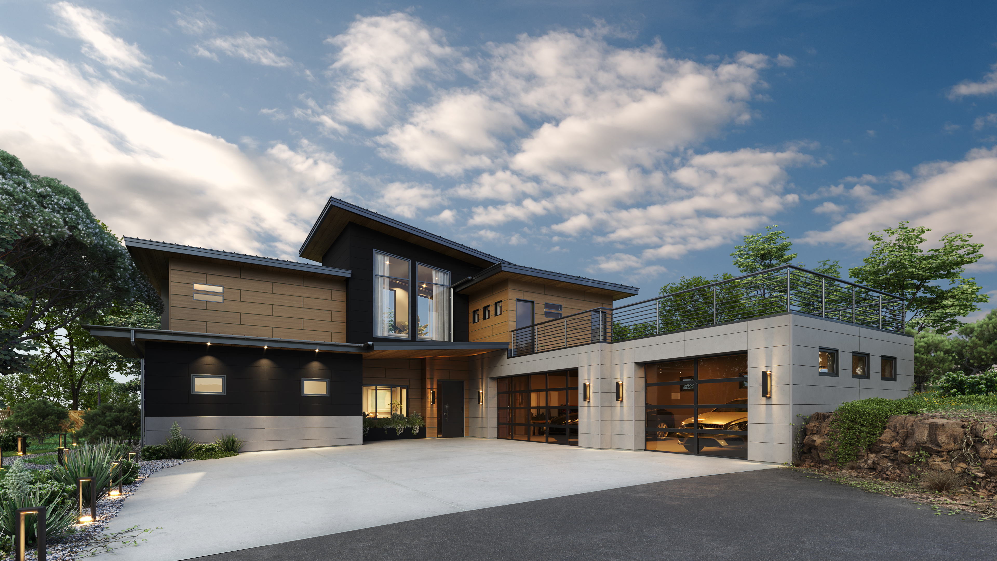 Street view of home with mixed siding textures, multiple car garages and modern design.