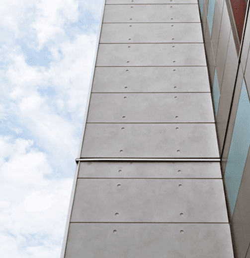 Nichiha-Concrete-EmpireBlock-Commercial, Column of a commercial building that shows Nichiha’s dimpled concrete series panel EmpireBlock