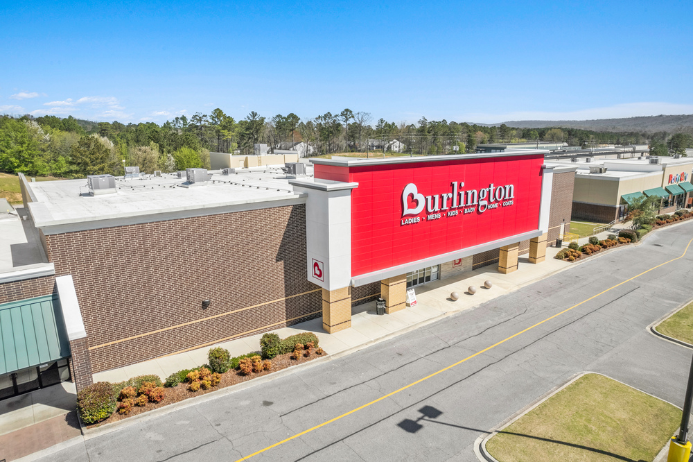 A drone shot of a Burlington storefront utilizing Nichiha’s fiber cement cladding.