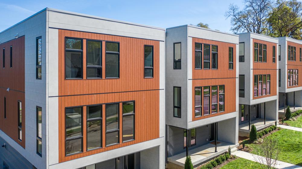 Thirteen units in the Oceola Neighborhood in Nashville are protected with Nichiha’s VintageWood and IndustrialBlock fiber cement cladding.