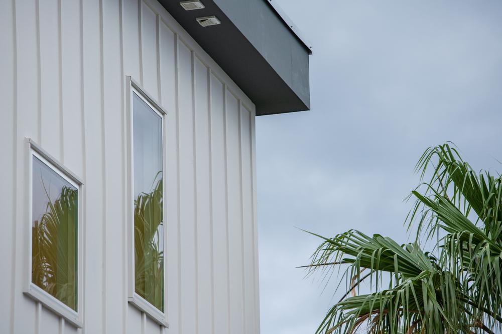 Home with off-white fiber cement siding with a palm tree.