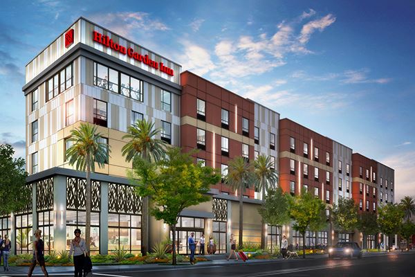 Front view of a rendering of the Hilton Garden Inn San Jose from the street corner