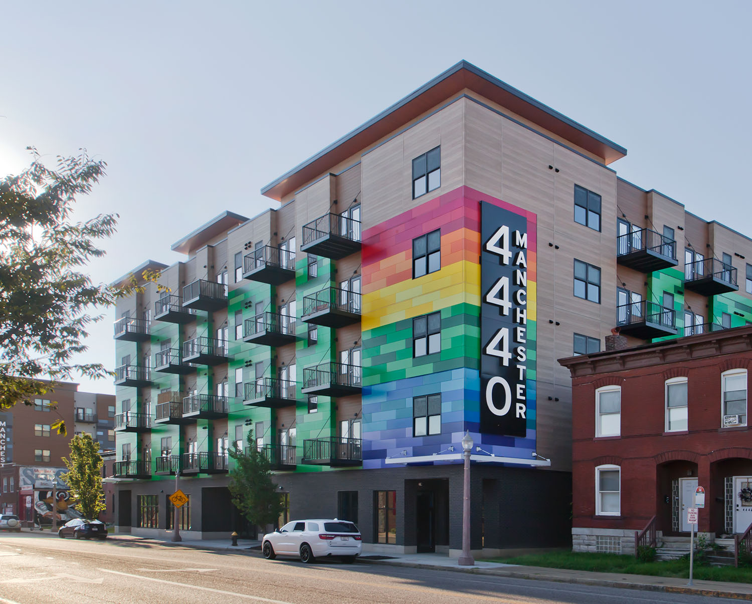 street view of 4440 manchester lofts with rainbow siding