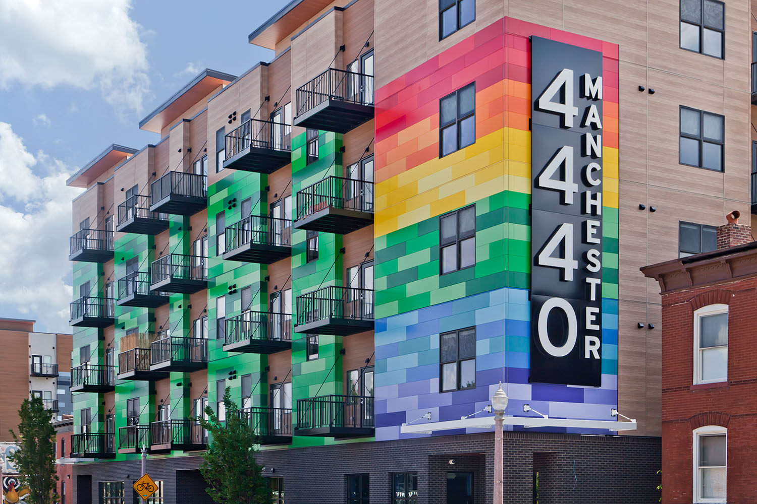 Rainbow cladding on the exterior of the Gateway Lofts in St. Louis Missouri