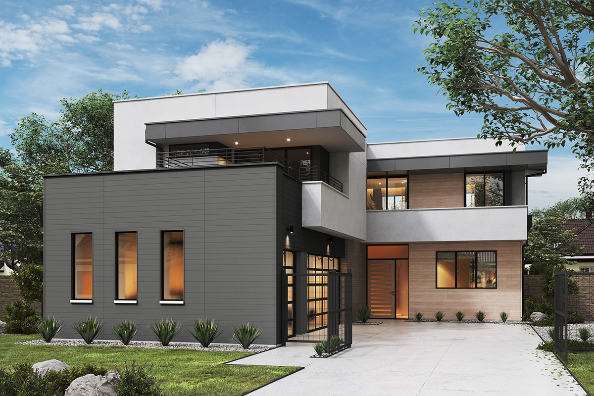 Modern home with Latura V-Groove in a custom color dark gray on the garage