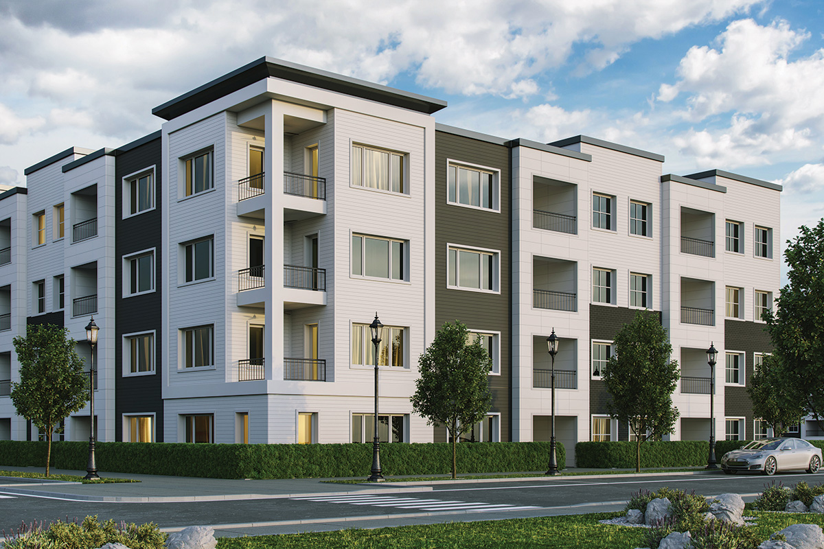 Multifamily building with white and dark gray Latura V-Groove fiber cement siding from Nichiha